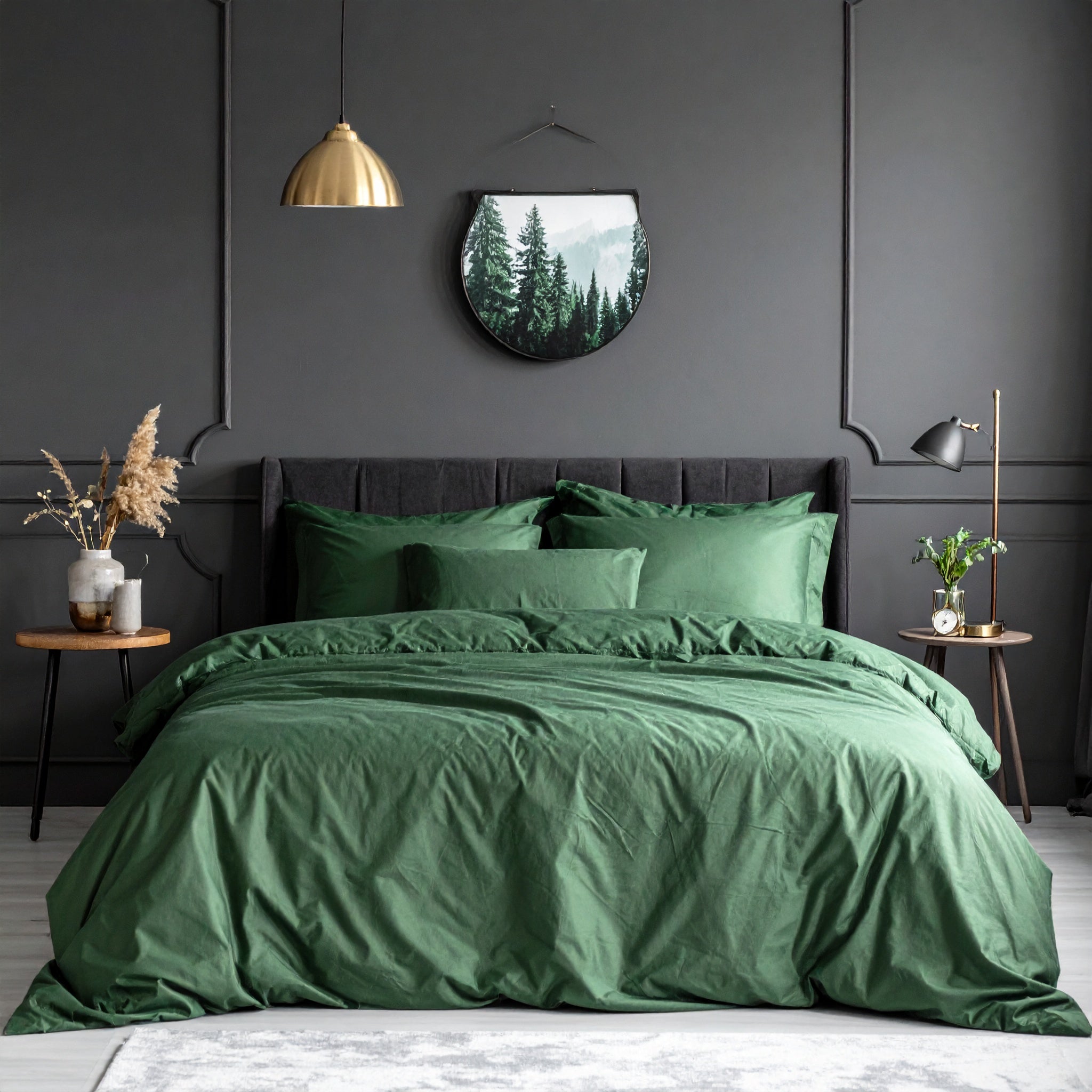 Firefly_Forrest_green_coloured_sheet_set_on_bed._dark_gray_wall._995408.jpg